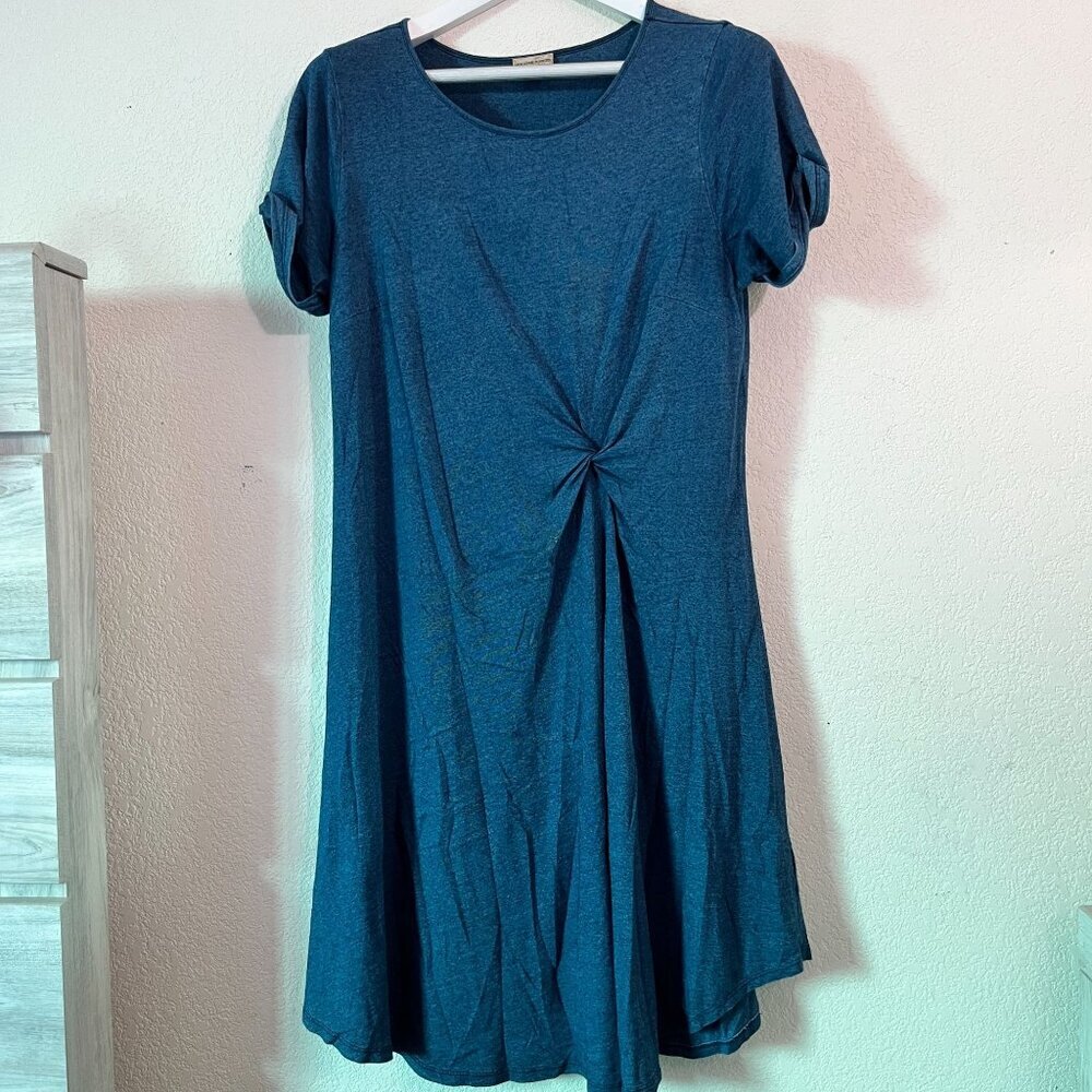 Holding Horses Womens Blue Knot Front Short Sleeve Dress Medium Knee Length